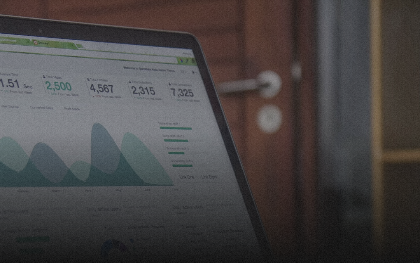 Laptop screen displaying data graphs and charts.