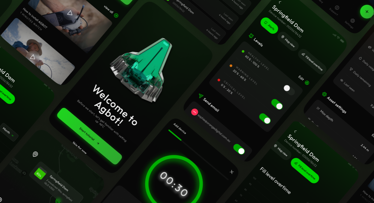 Agbot app interface with green accents.