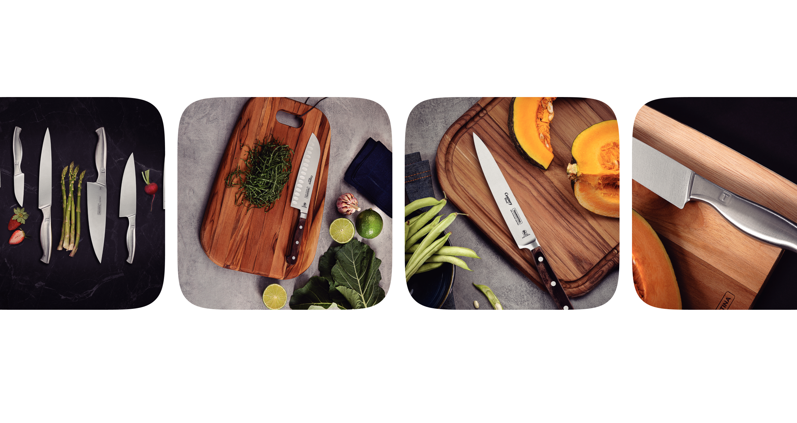 Knives and vegetables on cutting boards.