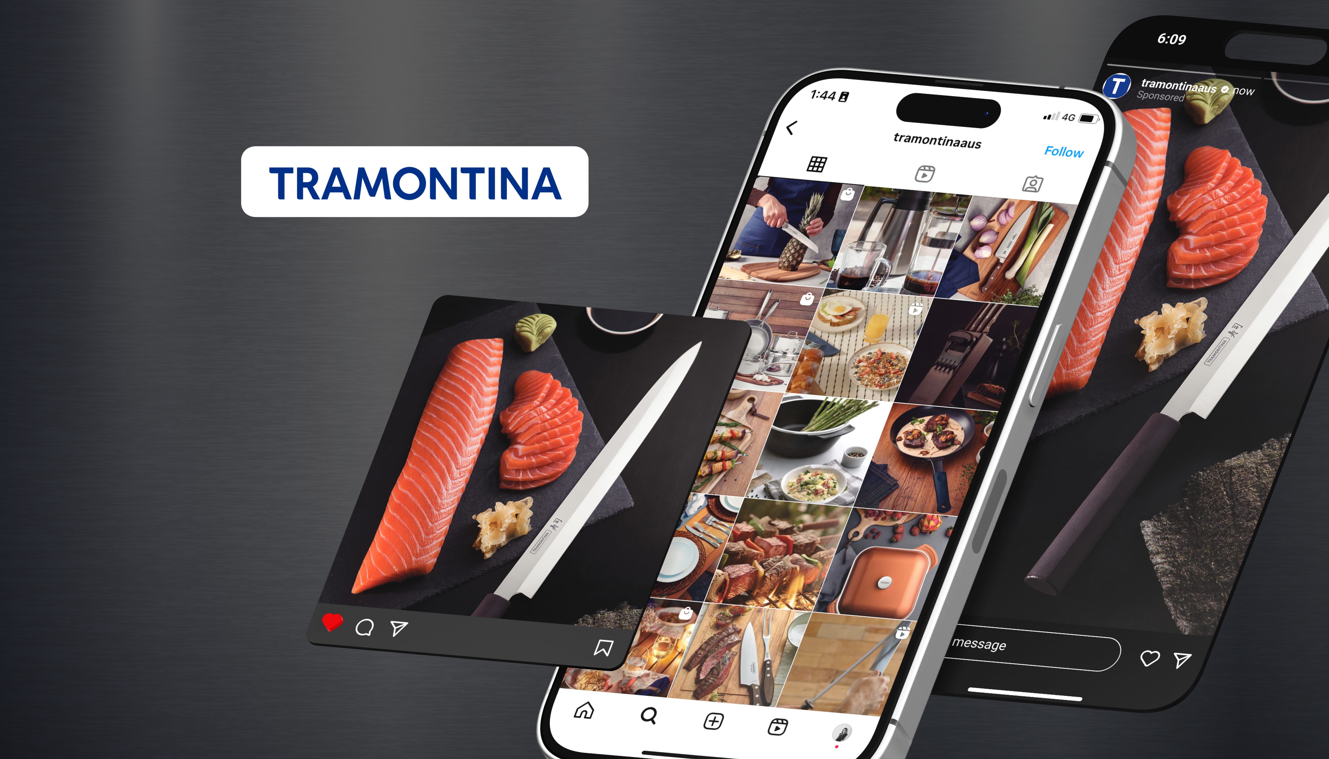 Tramonita knives and food on phone screens.