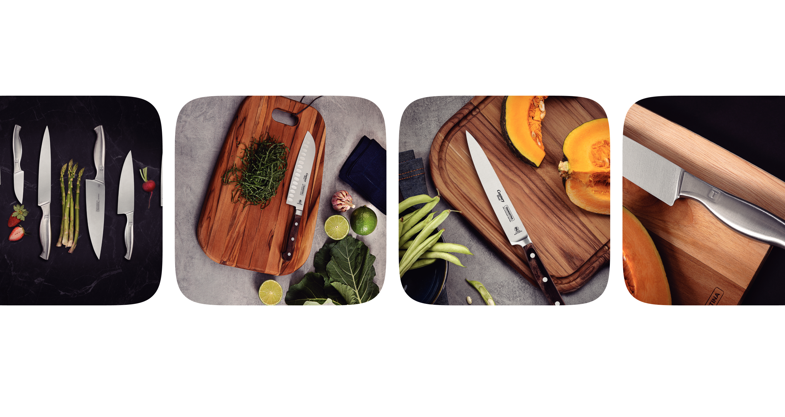 Knives on wooden cutting boards with fruit and vegetables.