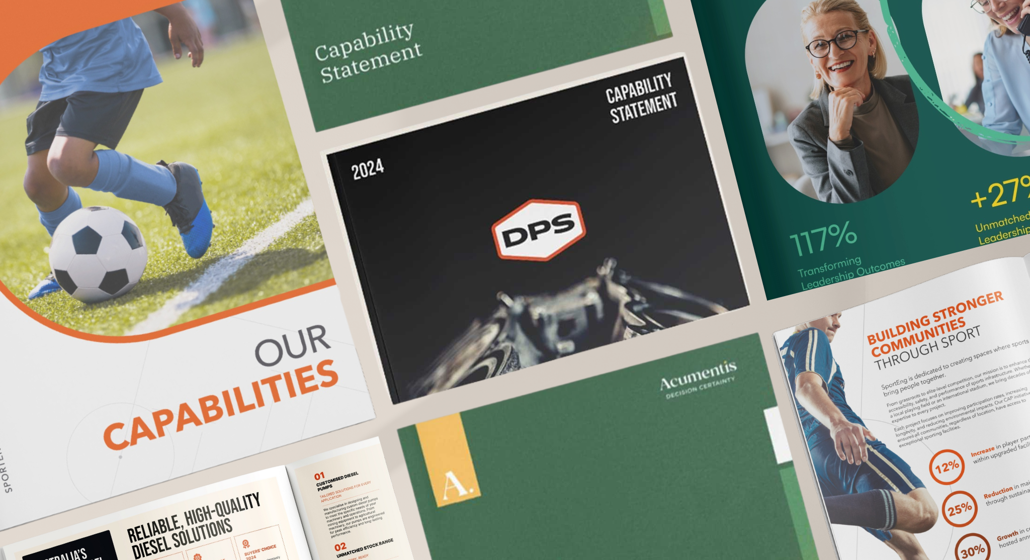 Digital marketing materials showcasing capabilities and sport-related content.